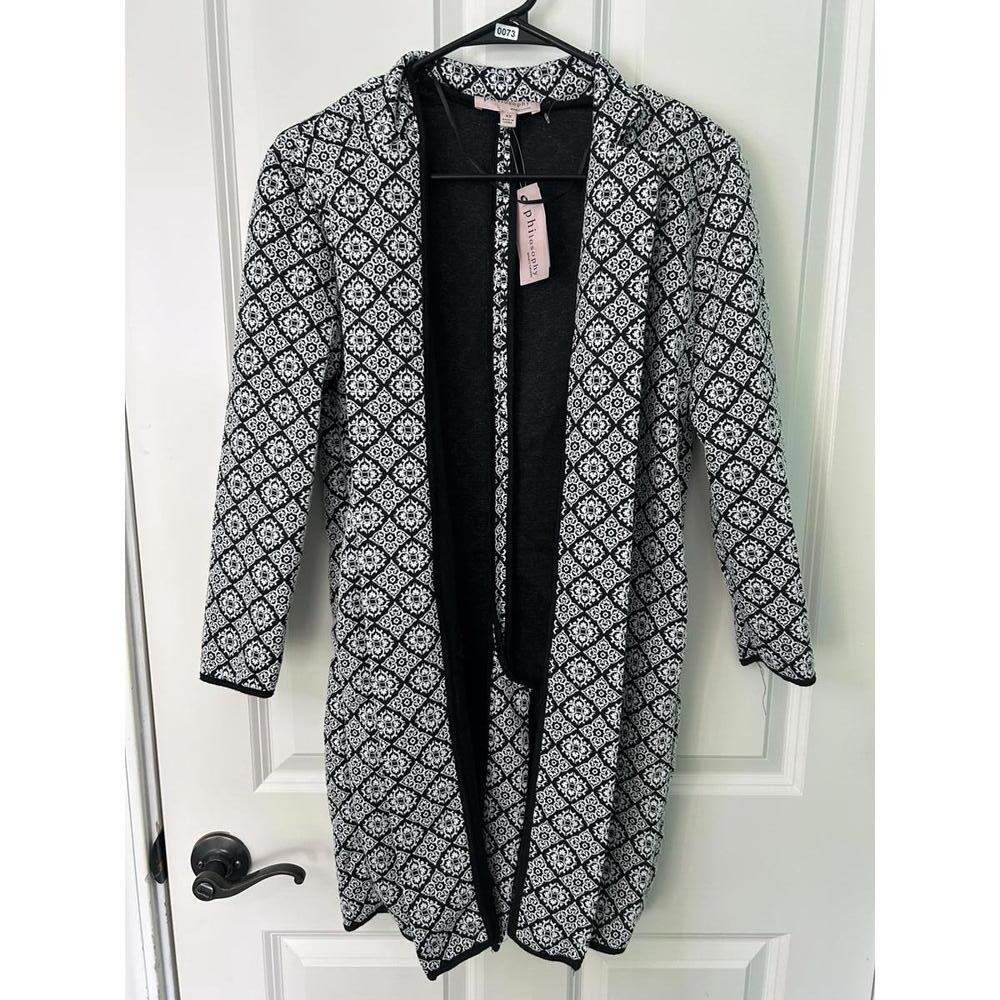 Philosophy Black White Mosaic Jacquard Knit Open Front Long Duster Cardigan XS